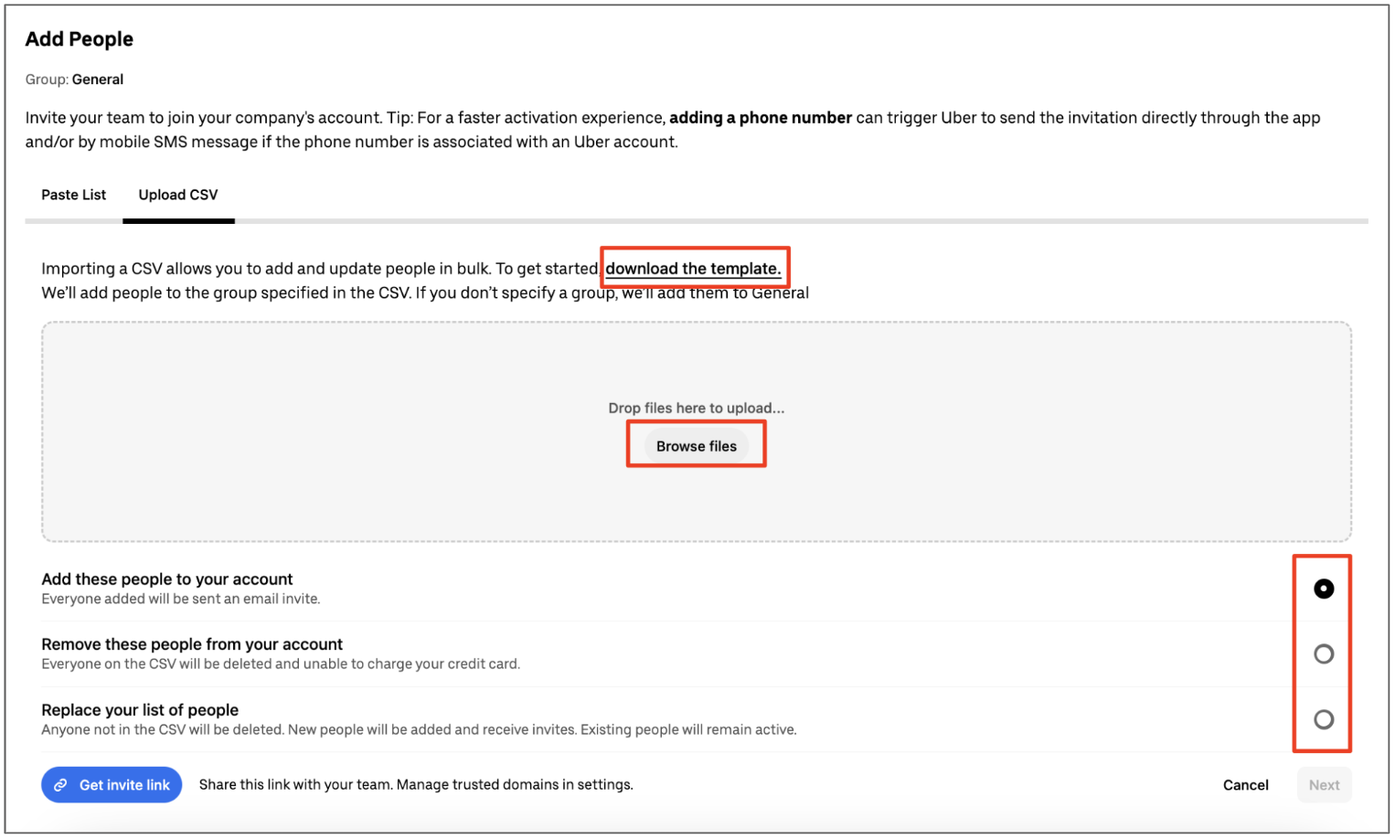Screenshot of add people interface with download template option highlighted